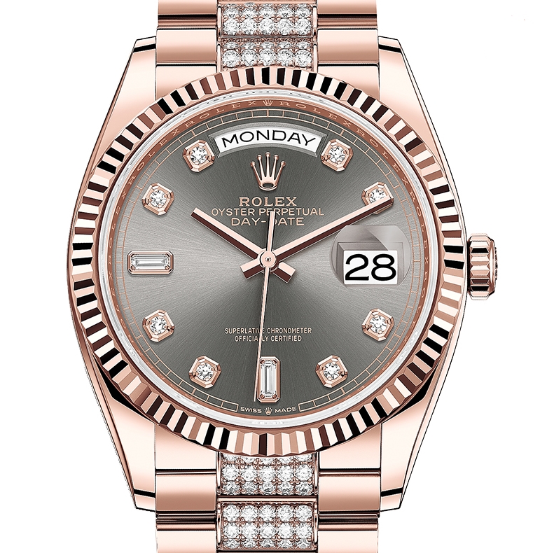 President Day-Date 36mm in Rose Gold with Fluted Bezel on President Diamond Bracelet with Slate Diamond Dial