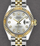 Datejust Ladies 28mm in Steel with Yellow Gold Fluted Bezel on Jubilee Bracelet with Silver Diamond Dial