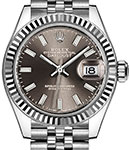 Ladies Datejust 28mm in Steel with Fluted Bezel on Jubilee Bracelet with Dark Grey Stick Dial