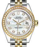 Ladies 28mm Datejust in Steel with Yellow Gold Diamond Bezel on Bracelet with MOP Diamond Dial