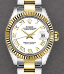 Datejust 26mm in Steel with Yellow Gold Fluted Bezel on Oyster Bracelet with White Roman Dial