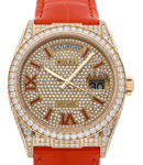 Day-Date President 36mm in Yellow Gold with Diamond Set Case on Leather Strap with Pave Diamond Dial - Orange Roman MArkers 