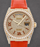 Day-Date President 36mm in Yellow Gold with Diamond Set Case on Leather Strap with Pave Diamond Dial - Orange Roman MArkers 