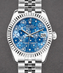 Mid Size 31mm Datejust in Steel with Fluted Bezel on Bracelet with Blue Floral Diamond Dial 