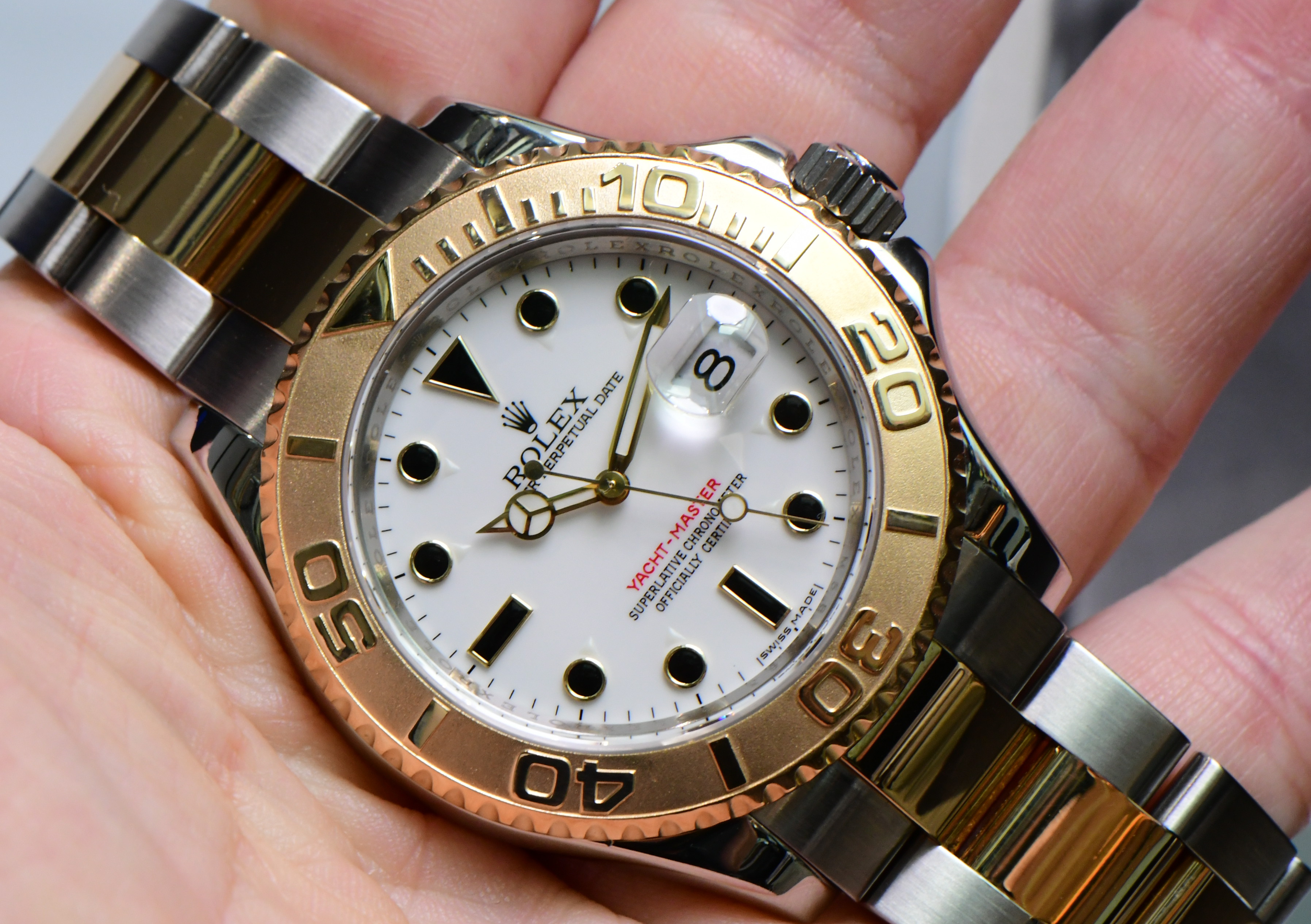Pre-Owned Rolex Yacht-Master 2-Tone Large Size   on Oyster Bracelet with White Dial with Black Markers