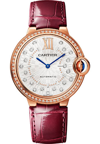 Ballon Bleu de Cartier in Rose Gold with Diamond Bezel on Burgundy Alligator Leather Strap with Matt Silvered Stamped Sunray Diamond Dial