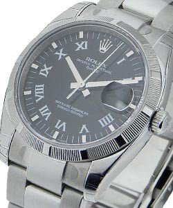 Date 34mm in Steel with Engine Turned Bezel on Oyster Bracelet with Black Roman Dial