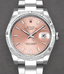 Date 34mm in Steel with Engine Turned Bezel on Oyster Bracelet with Salmon Stick Dial