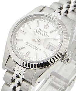 Lady's Datejust in Steel with White Gold Fluted Bezel on Steel Jubilee Bracelet with Silver Stick Dial
