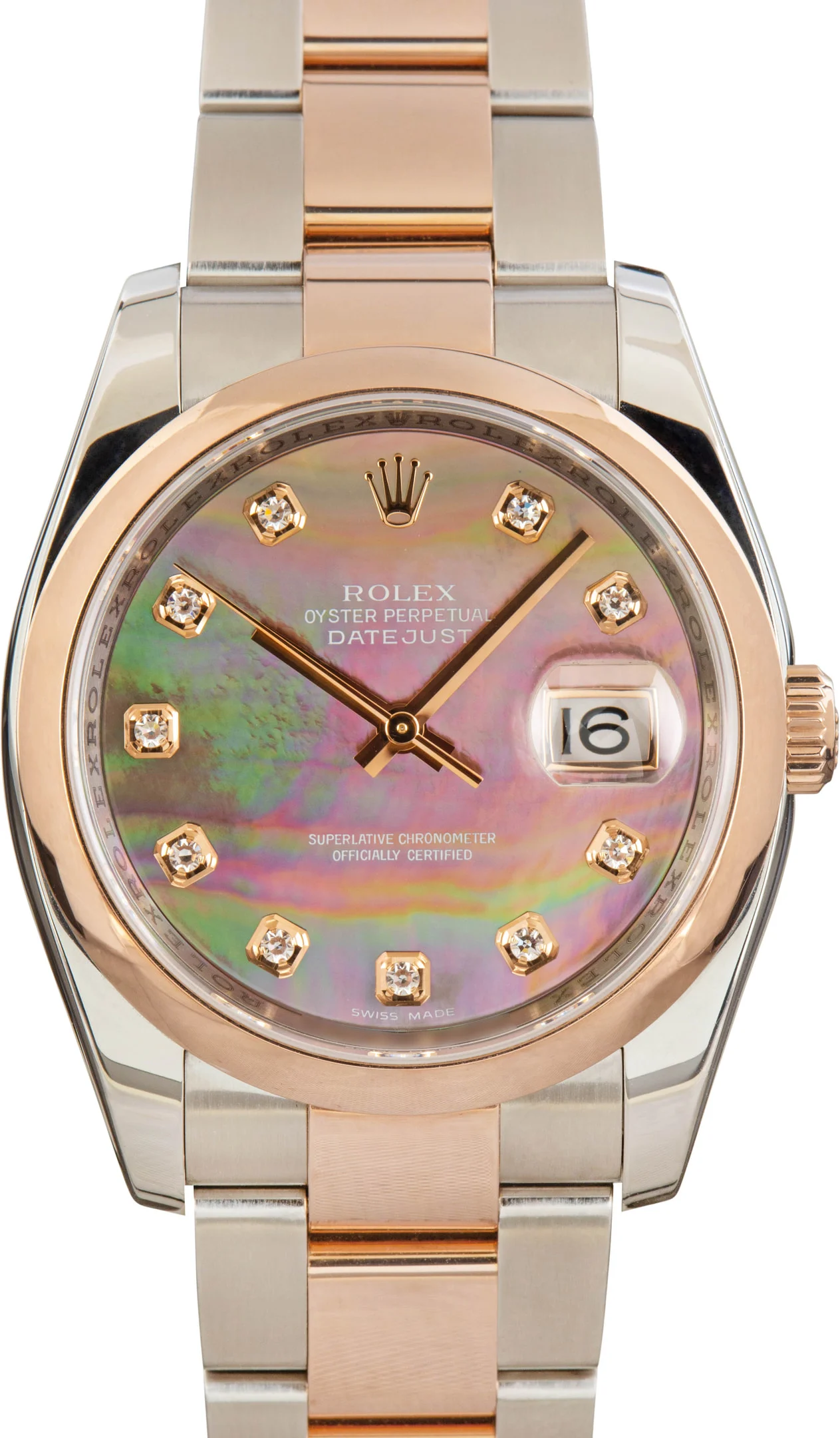 Datejust 36mm in Steel with Rose Gold Smooth Bezel on Oyster Bracelet with Black MOP Diamond Dial