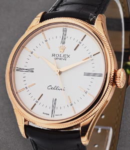 Cellini Time 39mm in Rose Gold on Leather Strap with White Dial