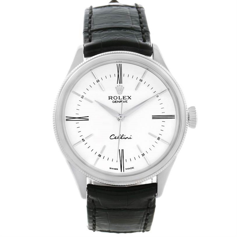 Cellini Time 39mm in White Gold on Strap with White Roman and Stick Dial