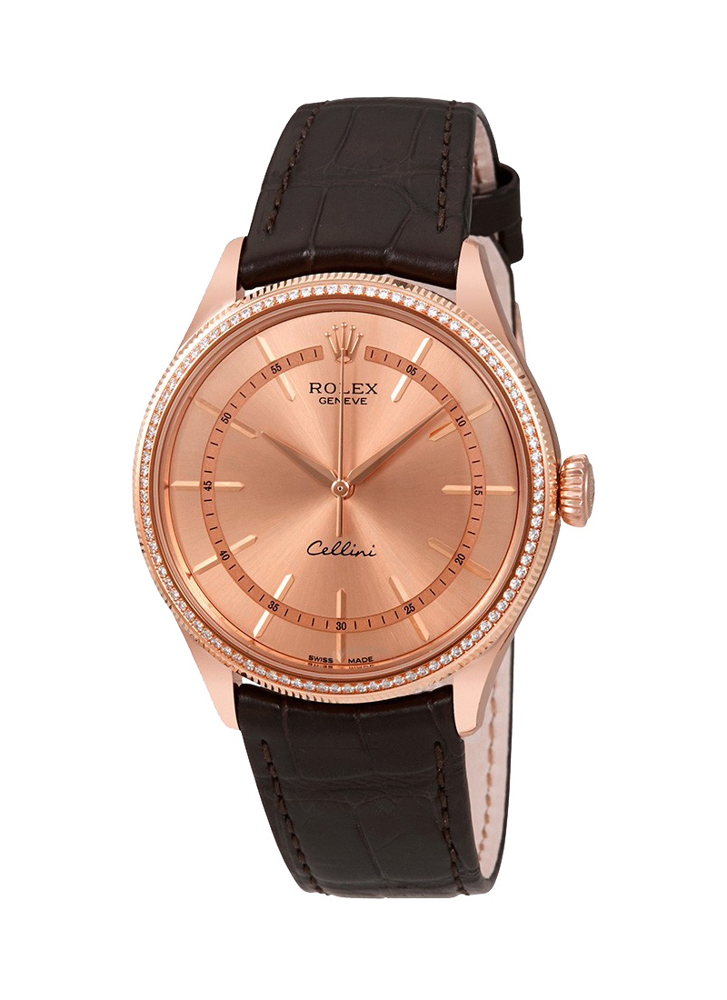 Cellini 39mm in Rose Gold with Diamond Bezel on Black Crocodile Leather Strap with Pink Stick Dial