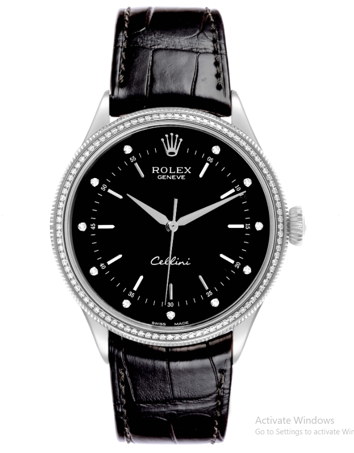 Cellini 39mm in White Gold with Diamond Bezel on Black Crocodile Leather Strap with Black Diamond Dial