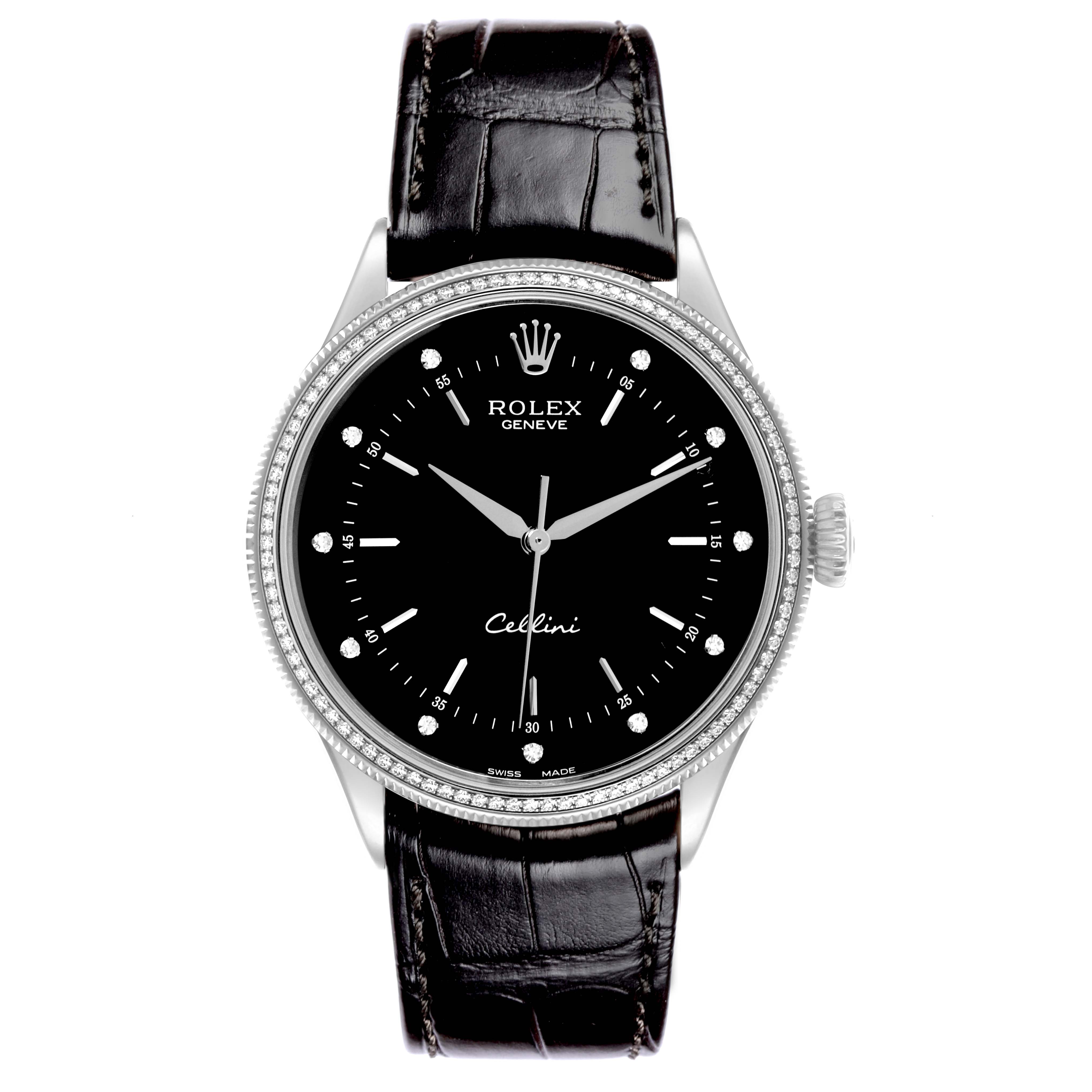 Cellini 39mm in White Gold with Diamond Bezel on Black Crocodile Leather Strap with Black Diamond Dial
