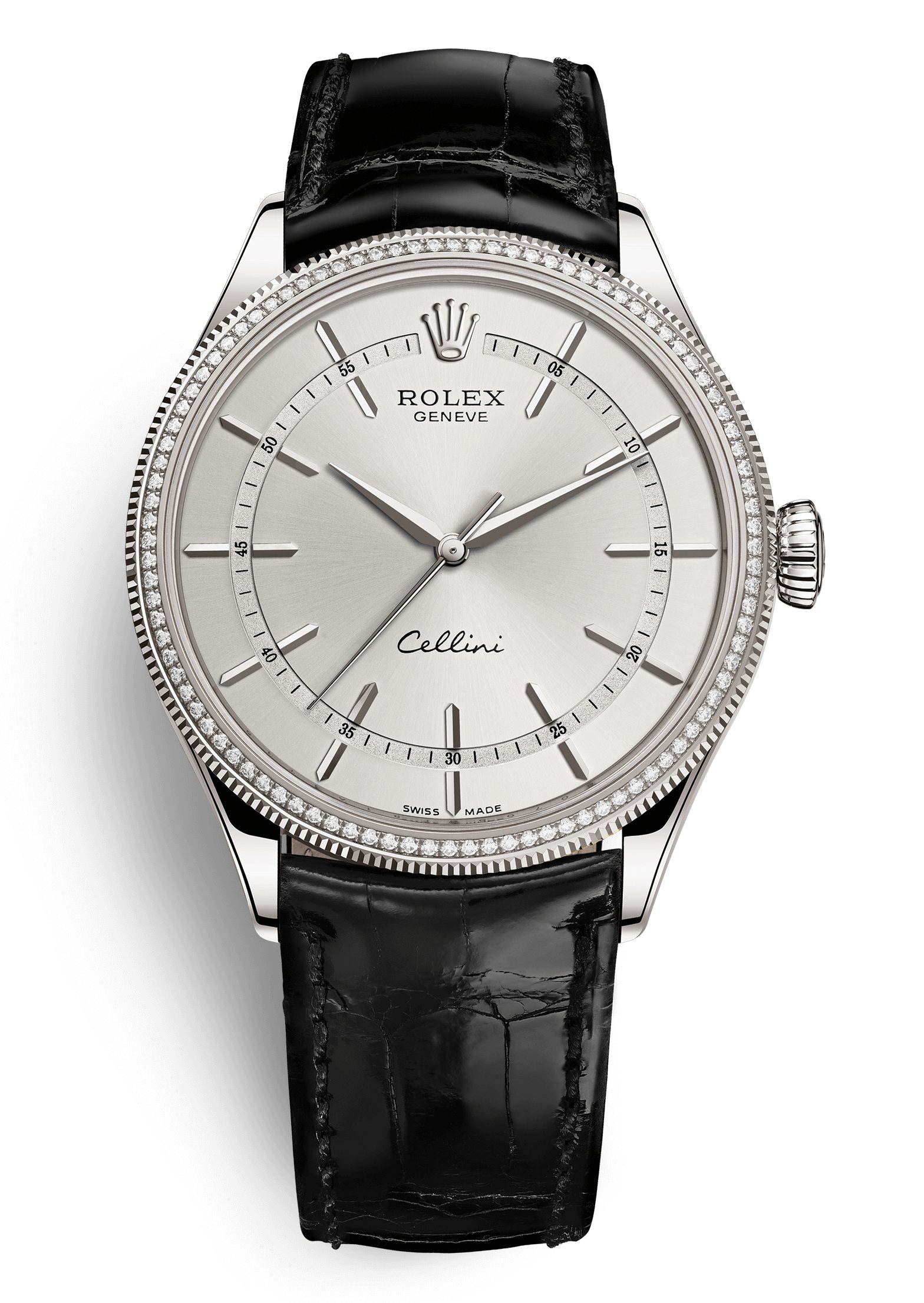Cellini 39mm in White Gold with Diamond Bezel on Black Crocodile Leather Strap with Rhodium Stick Dial