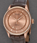 Cellini 39mm in White Gold with Diamond Bezel on Brown Alligator Leather Strap with Pink Stick Dial