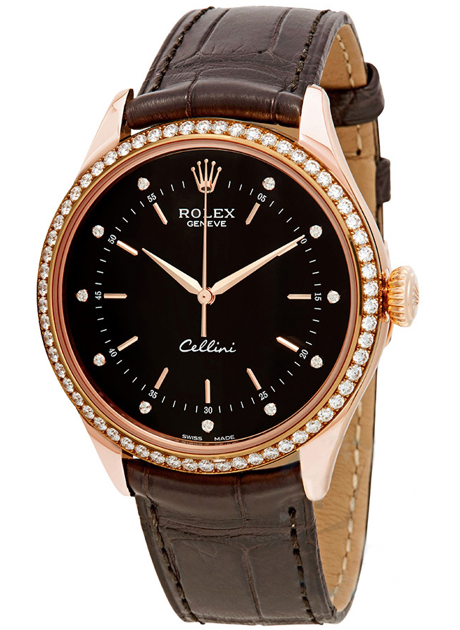 Cellini 39mm in White Gold with Diamond Bezel on Brown Alligator Leather Strap with Black Stick and Diamond Dial