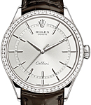 Cellini 39mm in White Gold with Diamond Bezel on Black Alligator Leather Strap with Rhodium Stick Dial