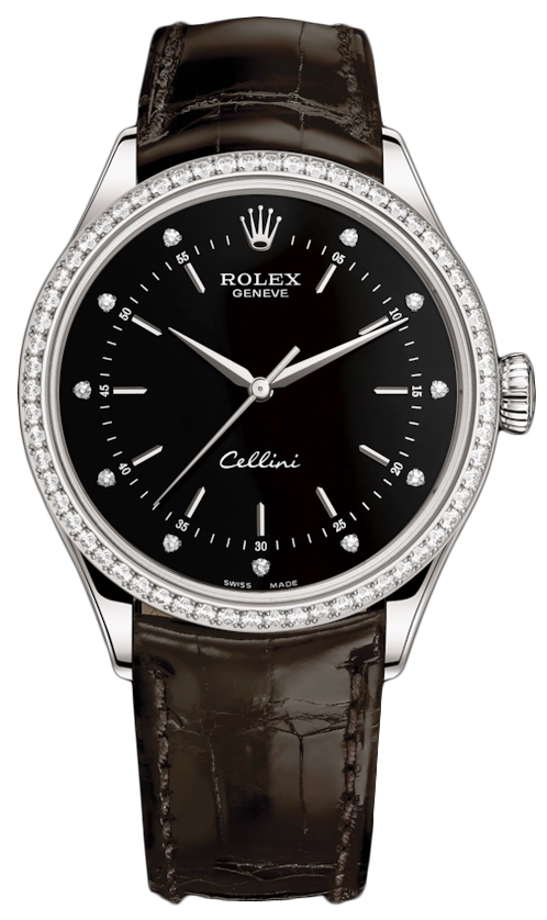 Cellini 39mm in White Gold with Diamond Bezel on Black Alligator Leather Strap with Black Stick and Diamond Dial