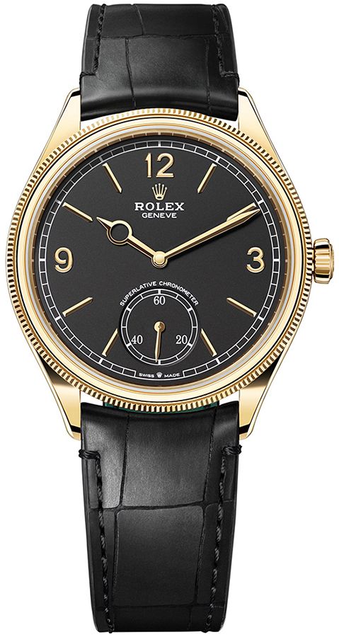 Cellini 52508 in Yellow Gold with Domed and Fluted Bezel on Strap with Black Dial