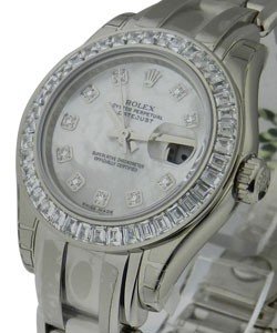 Masterpiece in White Gold with Baguette Diamond Bezel on White Gold Pearlmaster Bracelet with MOP Diamond Dial