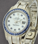 Masterpiece Lady in White Gold with Baguette Diamond Bezel on White Gold Pearlmaster Bracelet with MOP Diamond Dial