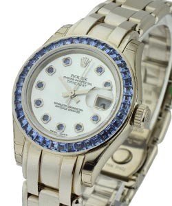 Masterpiece Lady in White Gold with Baguette Diamond Bezel on White Gold Pearlmaster Bracelet with MOP Diamond Dial