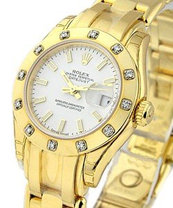 Masterpeice Lady's in Yellow Gold with 12 Diamond Bezel on Yellow Gold Pearlmaster Bracelet with White Stick Dial