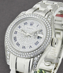 Ladies Masterpiece 29mm in White Gold with 2 Row Diamond Bezel and Lugs on Pearlmaster Bracelet with Pave Diamond Dial with Blue Romans