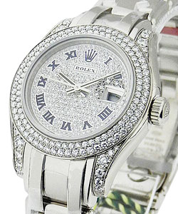 Ladies Masterpiece 29mm in White Gold with 2 Row Diamond Bezel and Lugs on Pearlmaster Bracelet with Pave Diamond Dial with Blue Romans