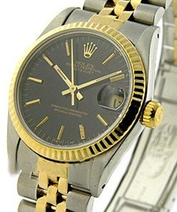 Mid Size Datejust - Steel with Yellow Gold Fluted Bezel on Jubilee Bracelet with Black Index Dial