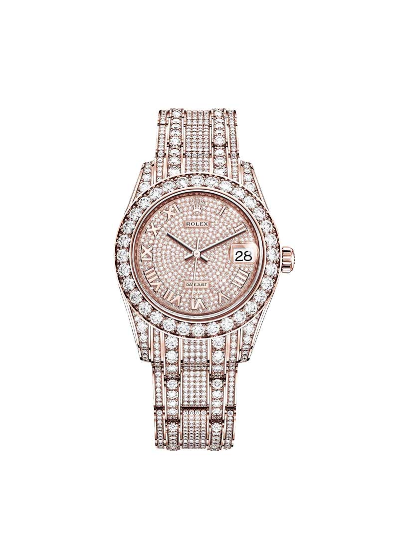 Masterpiece 34mm in Rose Gold with Diamond Bezel on Pearlmaster Bracelet with Pave Diamond Dial - Roman Markers