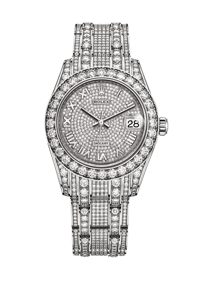 Masterpiece 34mm in White Gold with Diamond Bezel on Pave Diamond Pearlmaster Bracelet with Pave Diamond Dial