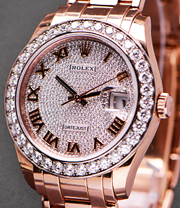 Pearlmaster 39mm in Rose Gold with Diamond Bezel on Rose Gold Bracelet with Pave Diamond Dial