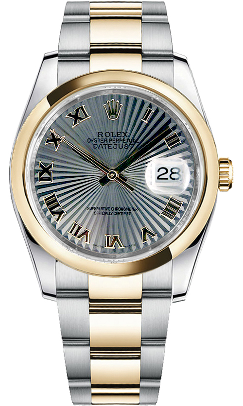 Datejust 36mm in Steel with Yellow Gold Smooth Bezel on Oyster Bracelet with Silver Sunbeam Roman Dial