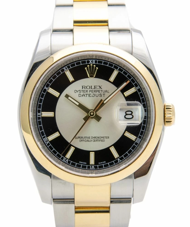 Datejust 36mm in Steel with Yellow Gold Smooth Bezel on Oyster Bracelet with Black Tuxedo Dial