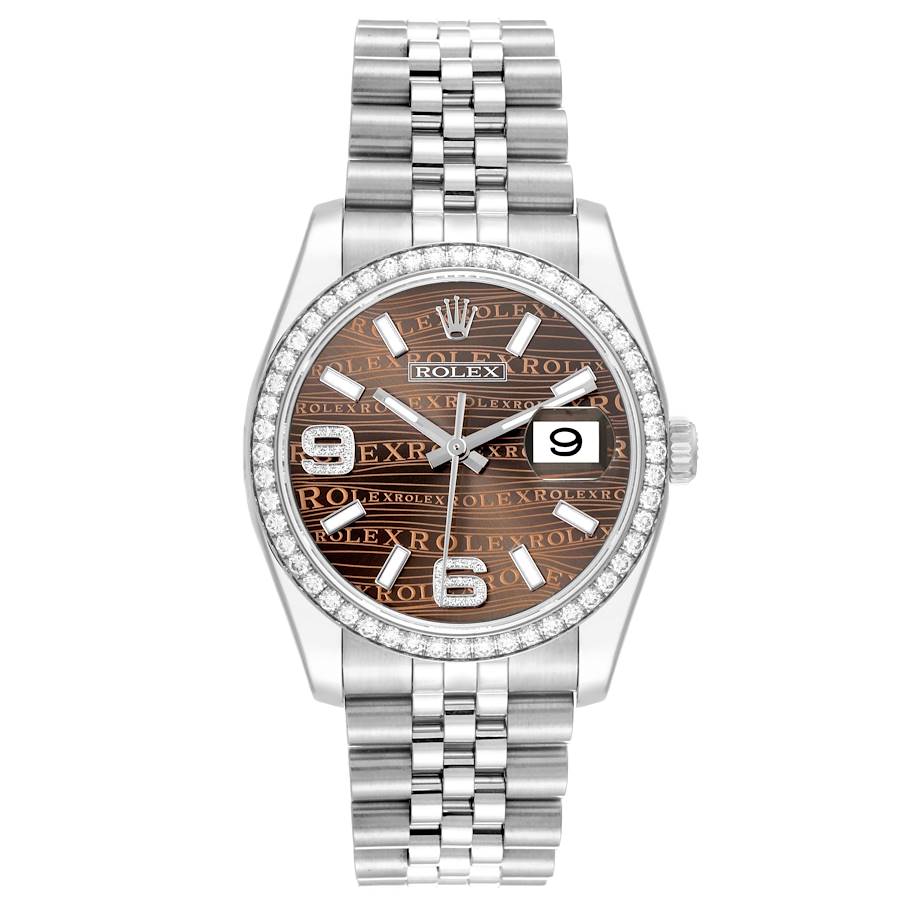Datejust 36mm in Steel with White Gold Fluted Bezel on Jubilee Bracelet with Bronze Waves Arabic  Dial