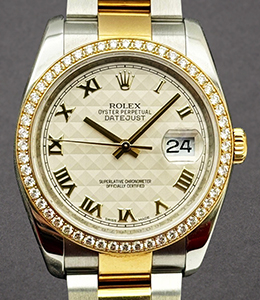 Datejust 2-Tone 36mm with Diamond Bezel on Oyster Bracelet with Ivory Pyramid Roman Dial