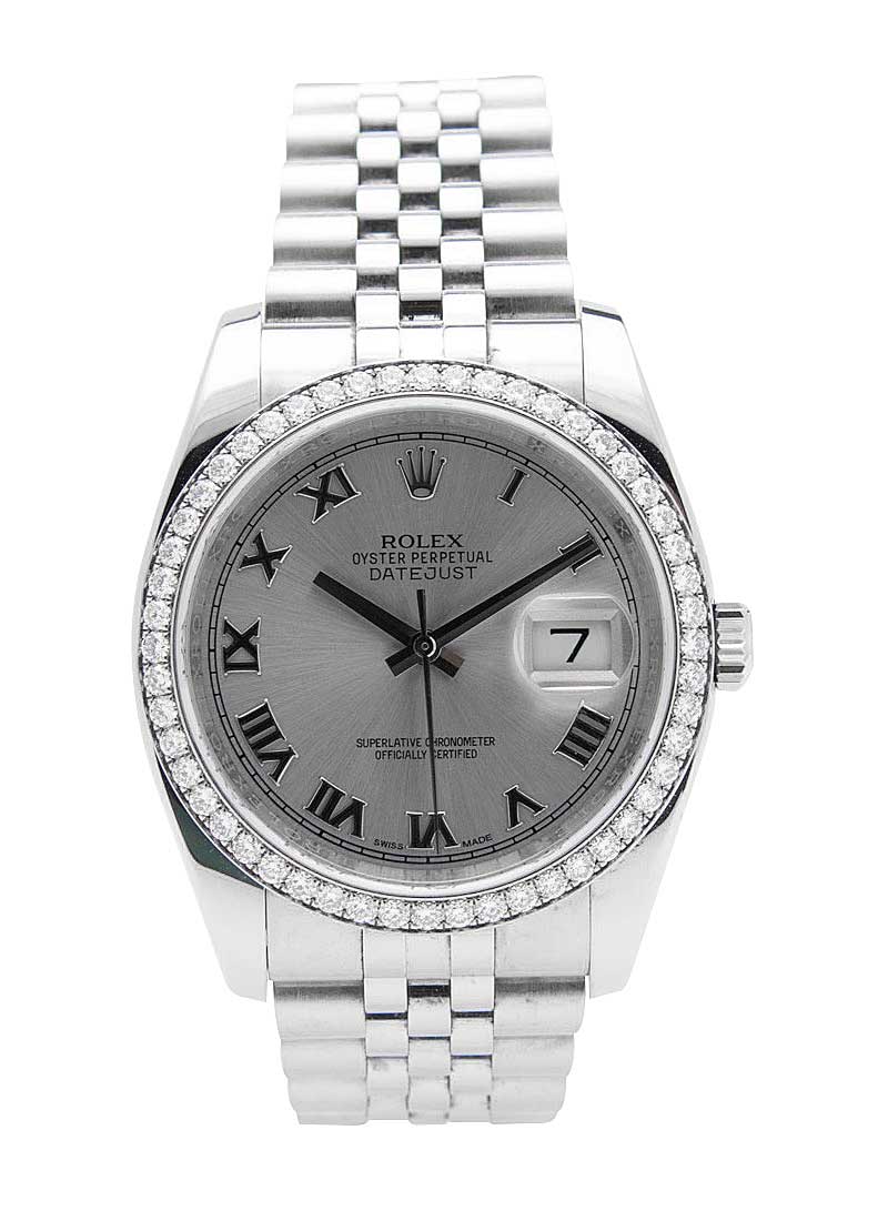 Datejust 36mm in Steel with Diamond Bezel on Jubilee Bracelet with Silver Roman Dial
