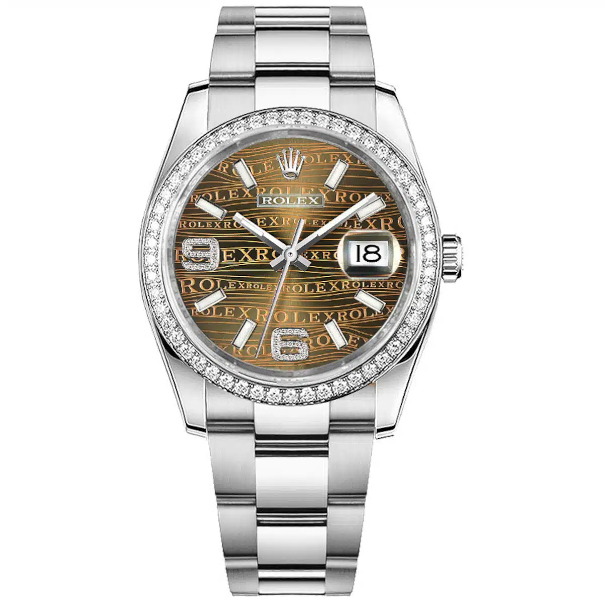 Datejust 36mm in Steel with Diamond Bezel on Oyster Bracelet with Bronze Wave Dial