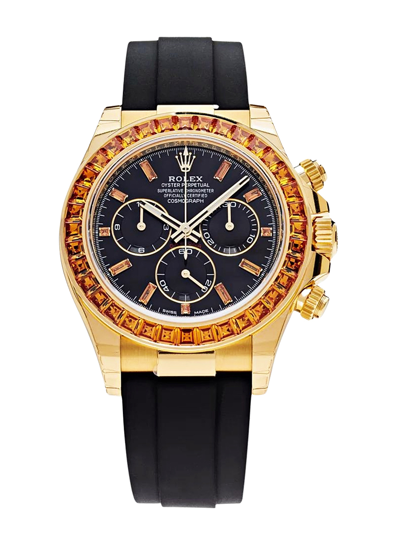 Yellow Gold Daytona with Orange Sapphire Bezel on Rubber Strap with Black Dial - Orange Baguette Markers