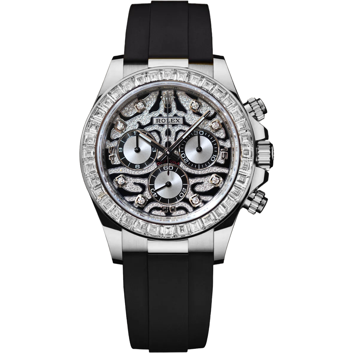 Daytona Special Edition in White Gold with Diamond Bezel on Black Rubber Strap with Pave Diamond Dial