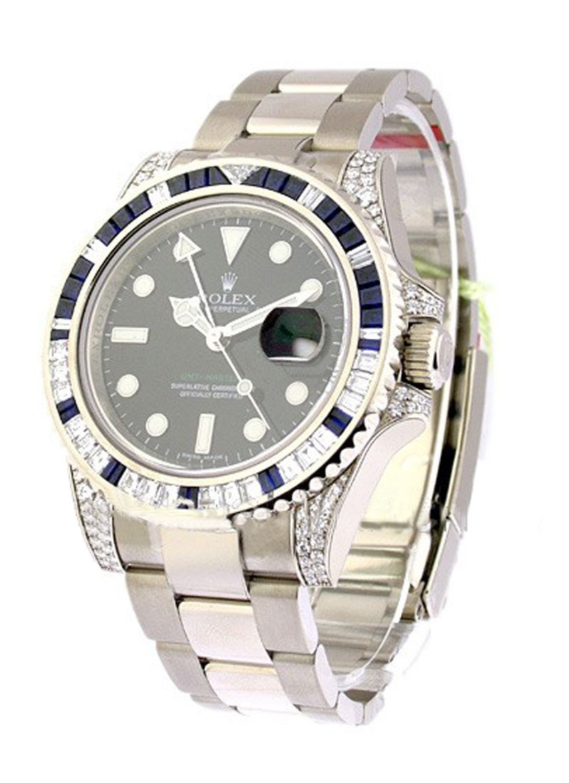 GMT Master II in White Gold with Baguette Diamond Bezel and Lugs on White Gold Oyster Bracelet with Black Index Dial