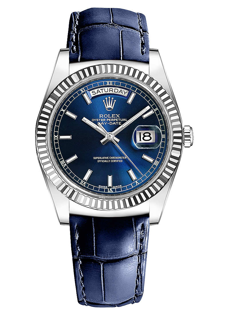 President Day-Date 36mm in White Gold with Fluted Bezel on Strap with Blue Stick Dial