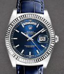 President Day-Date 36mm in White Gold with Fluted Bezel on Strap with Blue Stick Dial
