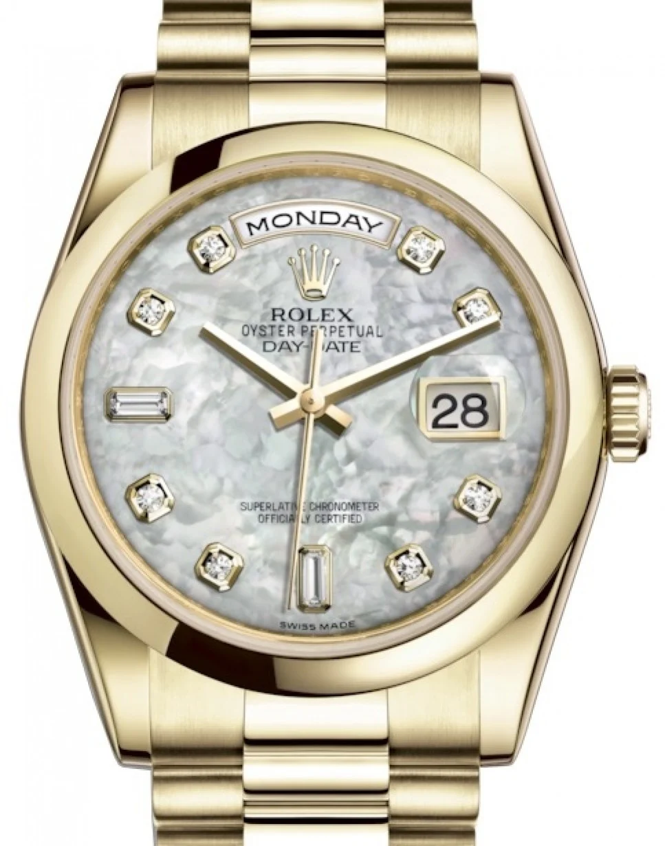President 36mm in Yellow Gold with Smooth Bezel on President Bracelet with MOP Diamond Dial