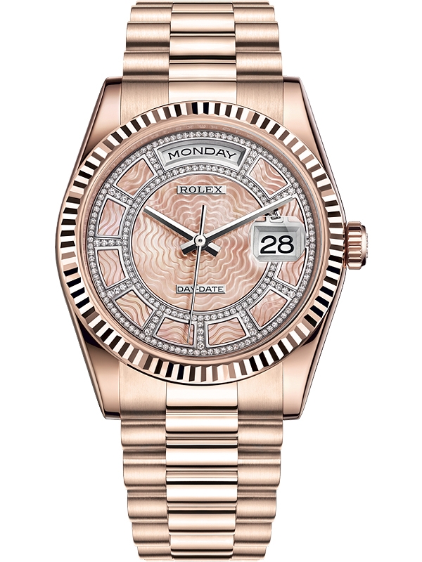 President Day Date 36mm in Rose Gold with Fluted Bezel on President Bracelet with Pink MOP Carousel Diamond Dial