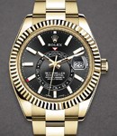 Sky Dweller 42mm in Yellow Gold with Fluted Bezel on Oyster Bracelet with Black Stick Dial