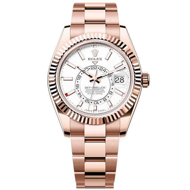 Sky Dweller 42mm in Rose Gold with Fluted Bezel on Oyster Bracelet with White Stick Dial